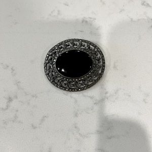 VTG Silver Marcasite and Onyx Broach